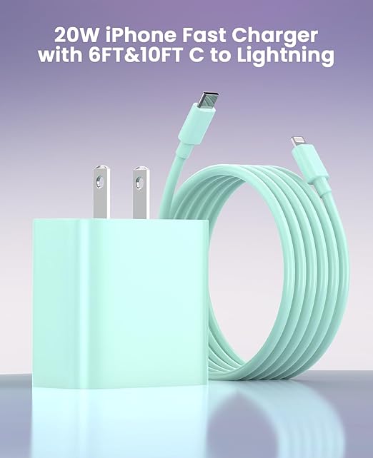 FEEL2NICE iPhone Charger Fast Charging 2 Pack Type C Wall Charger Block with 2 Pack [6FT&10FT] Long USB C to Lightning Cable for iPhone 14/13/12/12 Pro Max/11/Xs Max/XR/X,AirPods Pro,Green