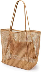 CWB&ADB Large Mesh Beach Tote Bag, Foldable Summer Handbag, Tan