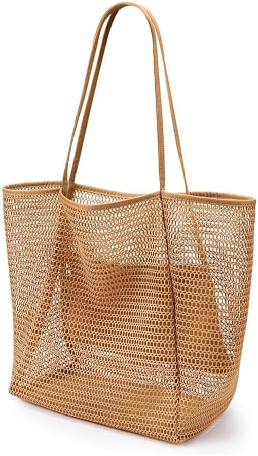 CWB&ADB Large Mesh Beach Tote Bag, Foldable Summer Handbag, Tan