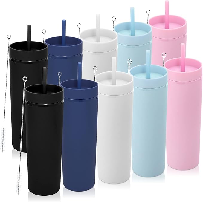 Volhoply 20oz Plastic Skinny Tumblers Bulk 10 Pack,Double Wall Tumbler with Lid and Straw,BPA Free Matte Acrylic Iced Coffee Cups with Straw,Reusable Travel Mug for Party,DIY Gifts(Assorted, 10 Set)