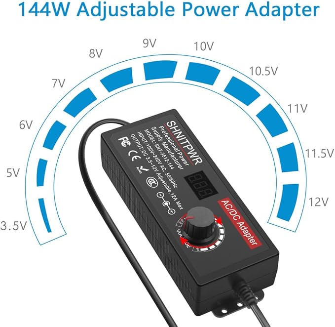 SHNITPWR Power Supply Adjustable DC 12V 11V 10V 8V 9V 6V 5V 3.5V Universal AC Adapter Multi-Voltage AC/DC Adapter 3.5V~12V 12A 144W DC Power Adapter 100V~240V AC to DC Variable Power Converter 14 Tips