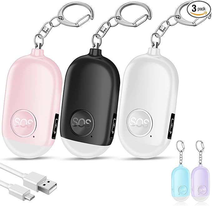 Hion Personal Safety Alarm for Women, 3 Pack Rechargeable 130dB Self Defense Keychain with LED Flashlight, Emergency Safe Sound Security Alarm for Children Elderly, White+Pink+Black
