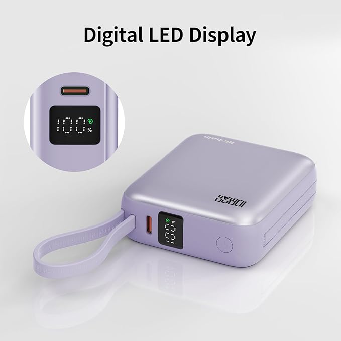 Hichain Small Portable Charger with Built in Cables LED Display, Mini Power Bank 10000mAh 22.5W USB-C Fast Charging Battery Pack, Travel Essential Power Bank for iPhone, iPad, Samsung, Android Purple