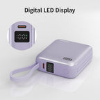 Hichain Small Portable Charger with Built in Cables LED Display, Mini Power Bank 10000mAh 22.5W USB-C Fast Charging Battery Pack, Travel Essential Power Bank for iPhone, iPad, Samsung, Android Purple