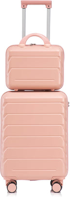 20 Inch Carry on Luggage with 14 Inch Cosmetic Case, 2 Pcs Hardshell Lightweight Durable Spinner Suitcase Set for Travel, Women, Men, TSA Lock, ABS, 20+14 Inch, Pink