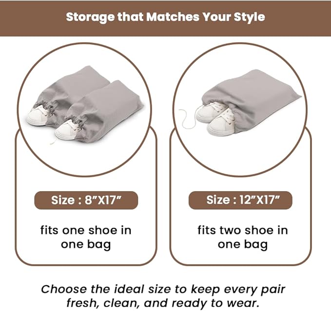 LFH Cotton Rich Shoe Storage Bags with Drawstring, Dustproof Breathable Reusable Organizer, Perfect For Travel, Dorm, Hotel, College, Gym, Easy to Carry, Machine Washable 12"x17" (Pack of 2) - Grey