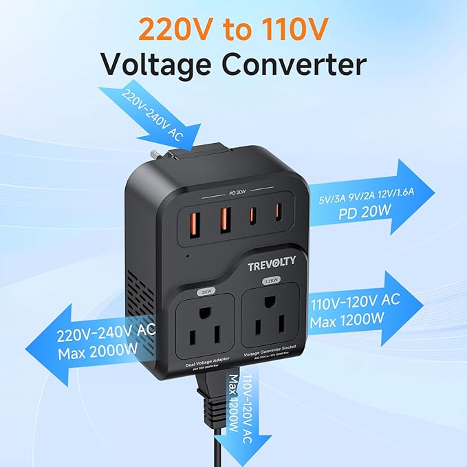 2000W Voltage Converter US to Europe, 220V to 110V Converter for Hair Dryer, 7-in-1 European Travel Plug Adapter with 3AC/2USB-A/2USB-C (PD20W), Travel Essentials with Type ABCE/FGI (Black)