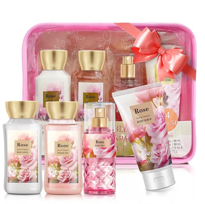 Rose Bath and Body Gift Set for Mom, 4-Piece Set Collection, Shower Gel, Body Lotion, Body Mist, Exfoliating Scrub, Personal Portable Body Care Travel Set, Gift for Mom, Wife, or Grandma