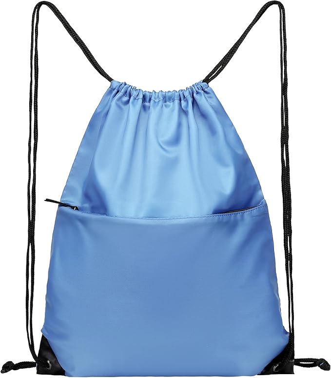 Drawstring Backpack Sports Water Resistant String Bag Sport Gym Sackpack for Women Men Large with Zipper, Baby Blue