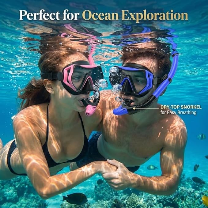 Snorkeling Gear for Adults, JRing Snorkel Mask Set with 180 Degree Tempered Glass Anti Fog Goggles Scuba Dry Top Snorkel for Swimming, Scuba Diving Mask for Men Women