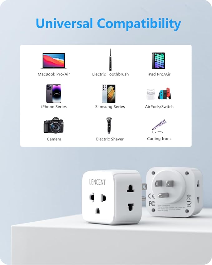 LENCENT EU to US Plug Adapter, European to USA Outlet Adaptor, Travel from Europe to American Outlet, 3-Sided Outlet Extender, Wall Tap, Mini Charger Box, Travel Plug Converter