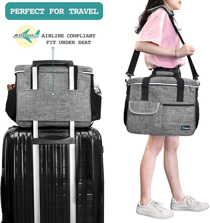 PetAmi Dog Travel Bag, Travel Pet Bag Organizer, Dog Food Travel Bag with Container Collapsible Bowls, Pet Travel Supplies Gift Accessories for Weekend Camping, Puppy Cat Diaper Bag, Gray Medium