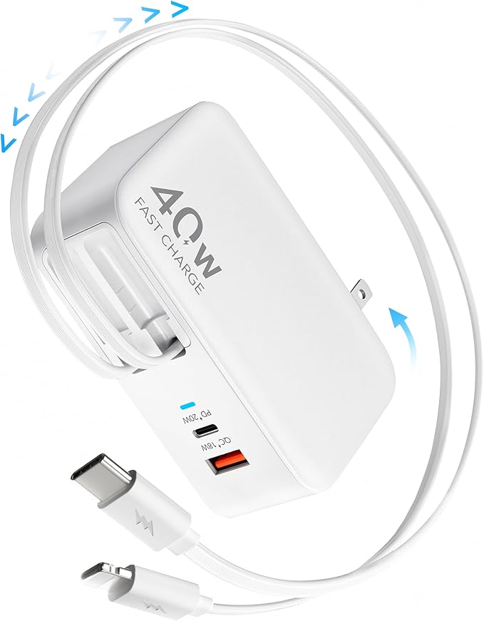 Retractable USB C Charger Wall Plug with 35.5in/90cm Type C Cables Cords,40W Fast Charging Foldable Block Multi Charger for All Devices for iPhone 17/16/15/14/13/12,iPad,Galaxy,Pixel