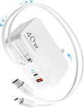 Retractable USB C Charger Wall Plug with 35.5in/90cm Type C Cables Cords,40W Fast Charging Foldable Block Multi Charger for All Devices for iPhone 17/16/15/14/13/12,iPad,Galaxy,Pixel