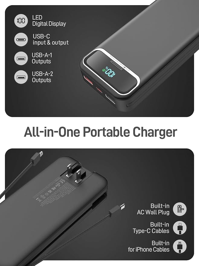 Portable Charger, 20000mAh 22.5W Fast Charging Power Bank with Built-in Cables & Wall Plug, Travel Essential External Battery Pack with LED Display, USB C Battery Phone Charger for iPhone iPad Black