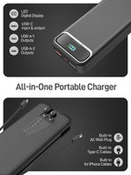 Portable Charger, 20000mAh 22.5W Fast Charging Power Bank with Built-in Cables & Wall Plug, Travel Essential External Battery Pack with LED Display, USB C Battery Phone Charger for iPhone iPad Black