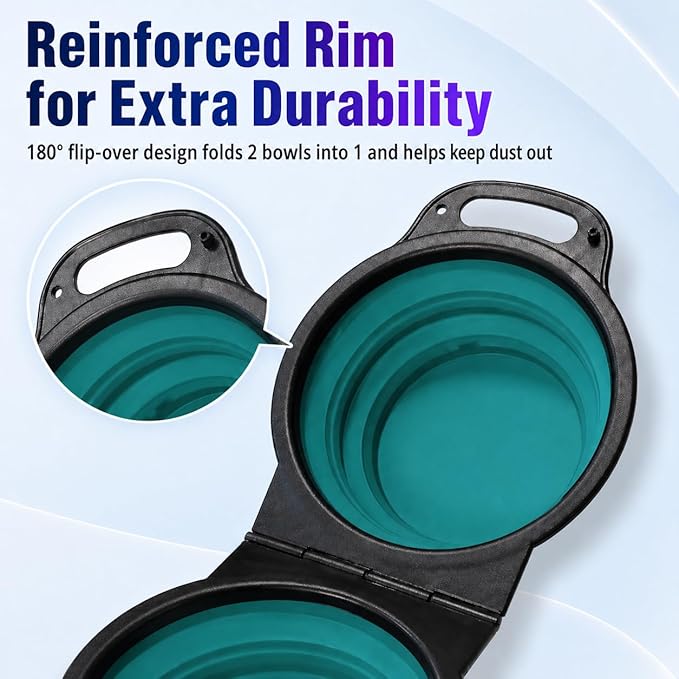 Collapsible Dog Bowls with Carabiner, Double Portable Travel Pet Bowls for Food and Water, Foldable Silicone Dog Bowl for Walking, Hiking, Camping, Small Medium Dogs and Cats, Teal