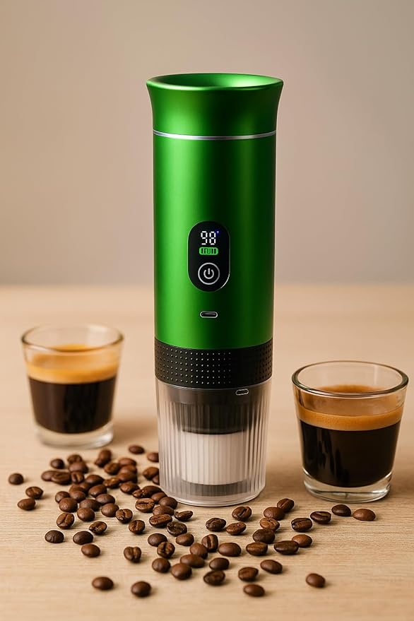 Portable Espresso Coffee Maker Rechargeable Self Heating Machine For Travel Car 3 in 1 Ground Coffee and NS Capsules 20 Bar Pressure Smart LED Display Camping Office Home Car RV Travel USB C (GREEN)