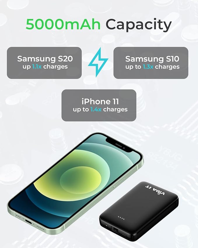 Compact Power Bank Portable Battery Pack for Heated Clothing Vest Jacket Hoodie 5000mAh Pocket Size Portable Charger for iPhone Android Cellphone Portable Battery Charger with Built-In Cable USB/USB-C