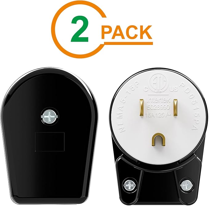 (2Pack) Nema 5-15P Plug, Plugrand 15A 125V Right Angle AC Plug, Nema 5-15P DIY 90 Degree Plugs, 3-Prong Rewirable Plugs, 3 Prong Household Right Angle AC Connector, ETL Verified
