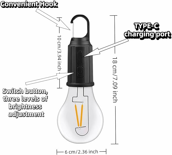 Portable LED Camping Lantern，Hang Anywhere Hook, USB-C Rechargeable, 3 Brightness Modes, Water Resistant for Emergency, Tent, Hiking, Power Outage& Outdoor (Black 1PCS) (T01)