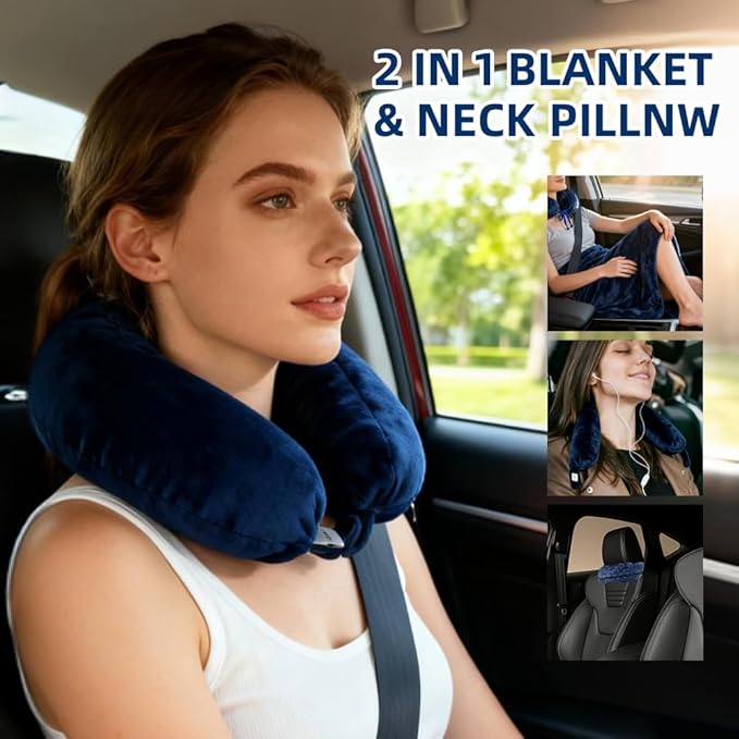 2-in-1 Travel Pillow & Blanket, Airplane Neck Pillow with Neck Support, Supersoft Lightweight Throw Blanket, Airplane Essentials (Blue)