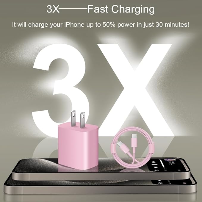 iPhone 17 16 15 Charger Fast Charging 3+3Pack 20W USB C Wall Charger with 10FT Fast Charging Cable Compatible with iPhone 17/17 Air/17 Pro/17 Pro Max/iPhone 16/15 Series, iPad Pro/AirPods -Pink