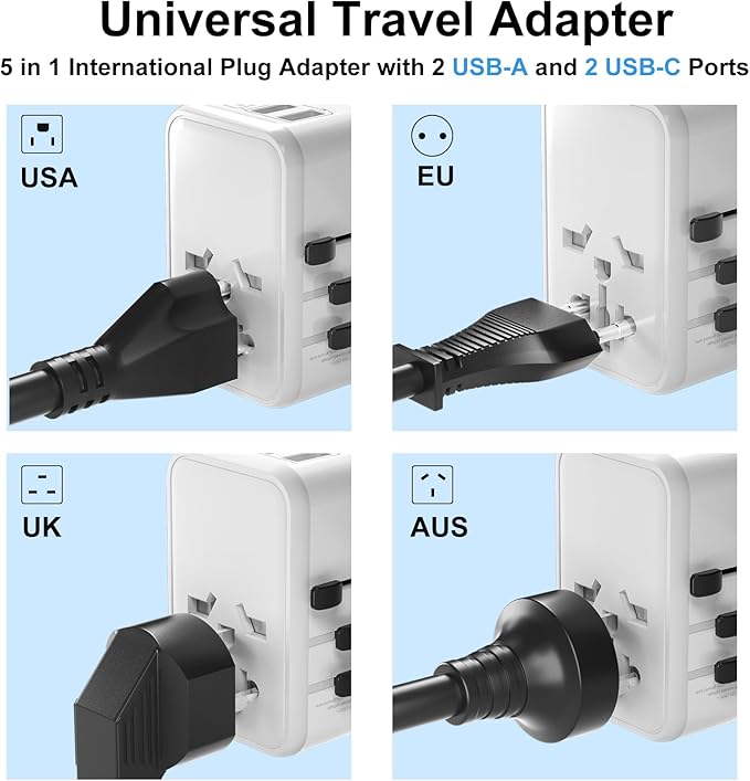 oviitech Universal Travel Adapter, International Power Adapter with 2 USB-C and 2 USB-A Ports, 70W Worldwide Travel Wall Charger for UK,Europe,USA,Australia.White.