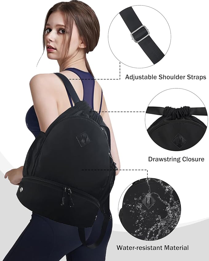 RHDZO Drawstring Backpack Gym Backpack with Shoe Compartment for Men Women String Sports Bag with Wet Pocket Cinch Swim Beach Bag, Large Black