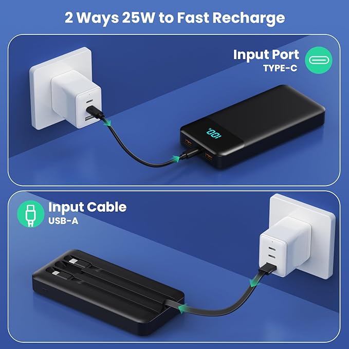 Portable Charger Power Bank 40800mAh with 3 Built-in Cables,25W Fast Phone Charging Portable Battery Pack,5 Outputs Travel Essentials Outdoor External Battery for iPhone 17/16,Galaxy Android etc-Black