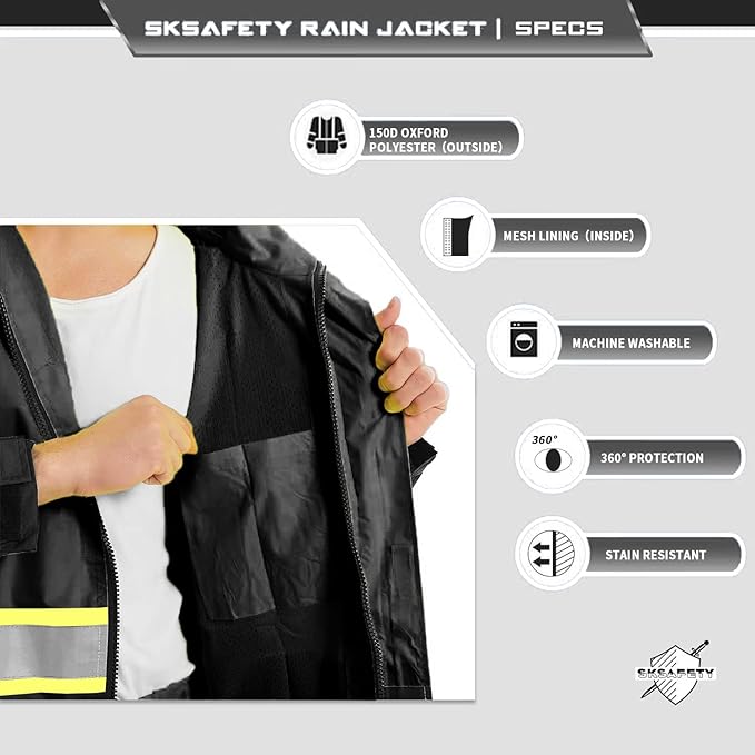 SKSAFETY Hi Vis Safety Rain Jacket for Men, Construction Work Rain Gear Heavy Duty Class 3 Rain Coat Waterproof Lightweight