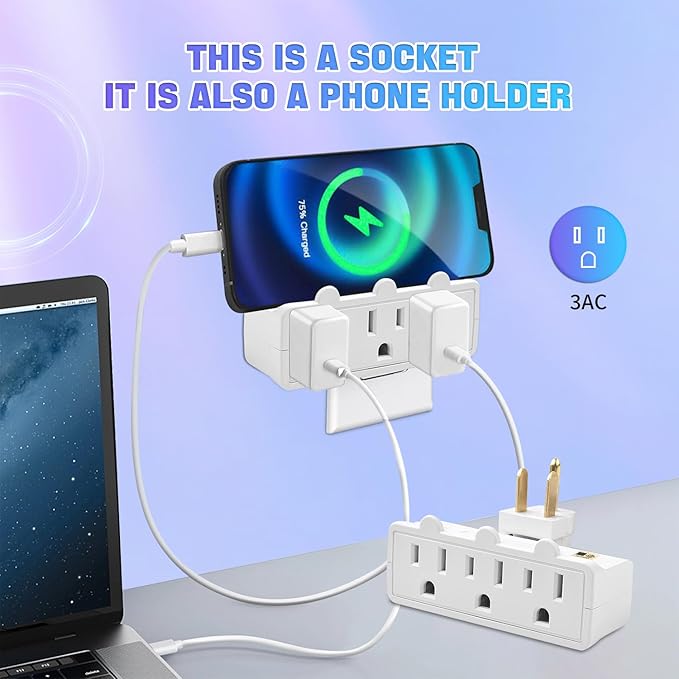 Multi Plug Outlet Splitter, 3 Outlet Adapter Grounded 180 Degree Swivel Wall Plug Outlet, UL Listed 3-Outlet Extender, Grounded Wall Tap Power Plug Expander for Household Appliances (1 Pack)