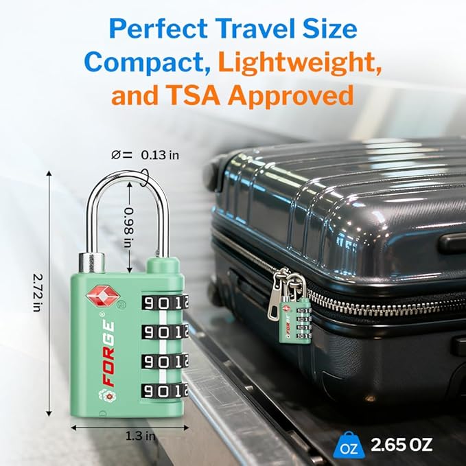 Forge Dual-Opening: Key or Combination Lock, TSA Approved Lock for Luggage, Pelican case, Travel, Gym, School, Luggage Combination Lock, Travel Bag Lock (Green 4 Pk)