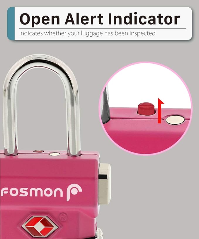Fosmon TSA Approved Pink Locks for Luggage, Cute Suitcase Lock with Push Release Button for Extra Security, 3 Digit Combination Padlock for Travel, Backpack Zipper Anti Theft, Gym Locker, Women