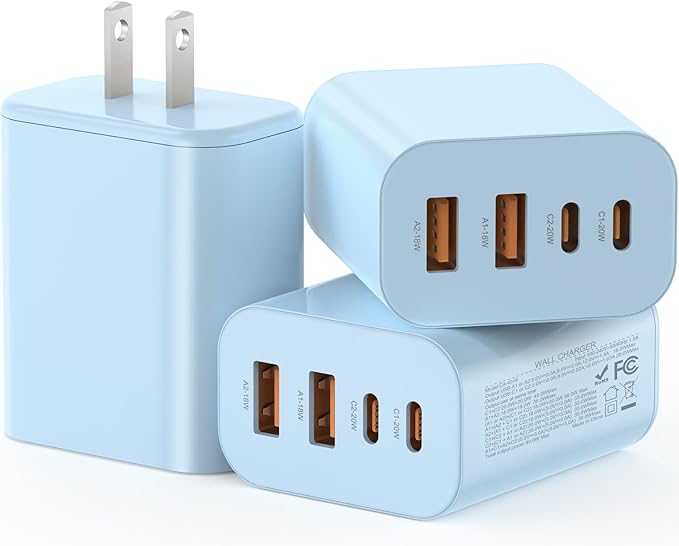 USB C Charger Block, 3-Pack 40W Wall Plug Fast Charging Block, 4-in-1 PD + QC Power Adapter Type C Charging Blocks Cube, Compatible with iPhone 17/16/15/14/13/12/11/Pro Max, Tablets（Blue）