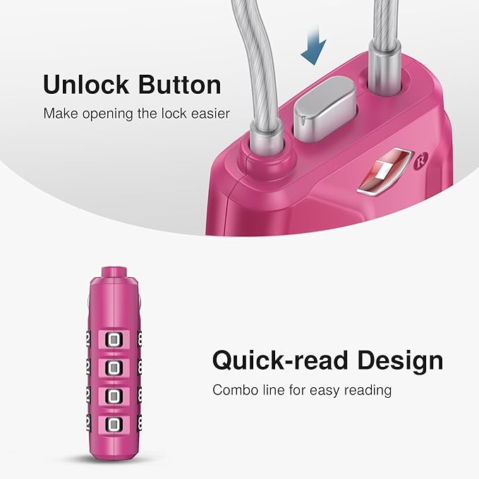 Puroma 2 Pack TSA Approved Luggage Locks, 4 Digit Combination Travel Cable Locks Resettable Code Lock with Zinc Alloy Body for Suitcase, Toolbox, Backpack, Bag, Gym Locker (Basic Pink Dark)