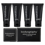 World Amenities - Bodyography Toiletry Kit - 6 Piece Set Shampoo, Conditioner, Body Wash, Lotion, Hand Soap, Massage Bar, Clear Travel Bag
