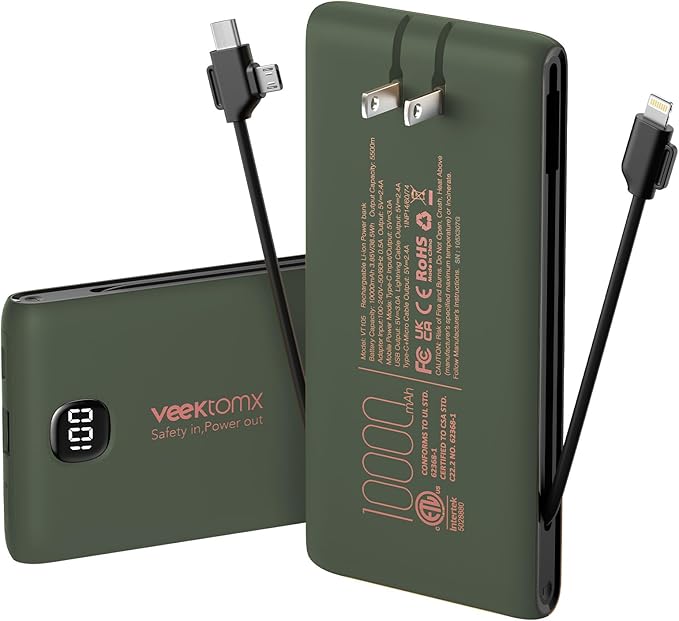Portable Charger Power Bank Built in Cables and Wall Plug, 10000mAh iPhone Battery Pack Fast Charging, USB C External Slim Power Bank, Travel Essentials Compatible with iPhone 17 16 15 14 iPad, Green