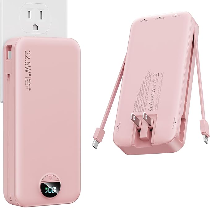 Portable Charger, 20000mAh 22.5W Fast Charging Power Bank with Built-in Cables & Wall Plug, USB C External Battery Pack with LED Display, Travel Essentials Phone Charger for iPhone iPad Samsung Pink