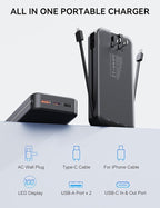 Portable Charger, 20000mAh 22.5W Fast Charging Power Bank with Built-in Cables & Wall Plug, USB C External Battery Pack with LED Display, Travel Essentials Phone Charger for iPhone iPad Samsung Black