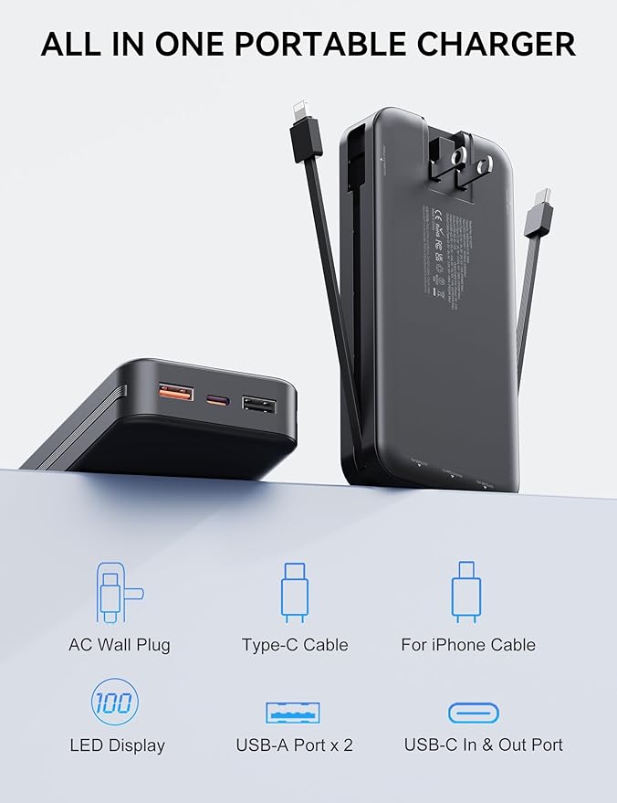 Portable Charger, 20000mAh 22.5W Fast Charging Power Bank with Built-in Cables & Wall Plug, USB C External Battery Pack with LED Display, Travel Essentials Phone Charger for iPhone iPad Samsung Black