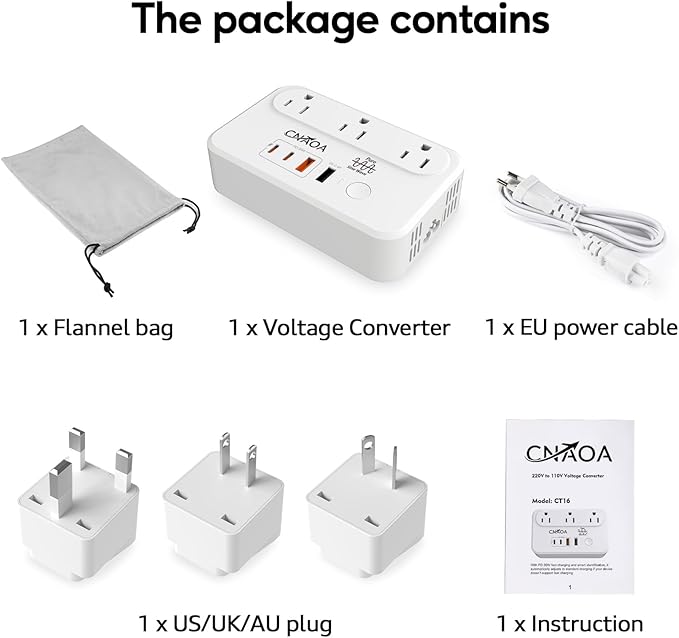 220V to 110V Voltage Converter, 350W Pure Sine Wave Voltage Converter US to Europe with 35W PD 2 Type C & 2 USB A Port, International Power Converter Combo Plug for International Travel White-I