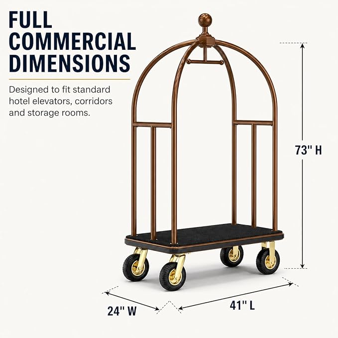 Hotel Luggage Cart, Heavy Duty Bellman Cart with 1600 lbs Capacity, 8" Silent Wheels, Stainless Steel Rolling Luggage Trolley with Carpet Deck for Hotels, Resorts & Apartments(Champagne)