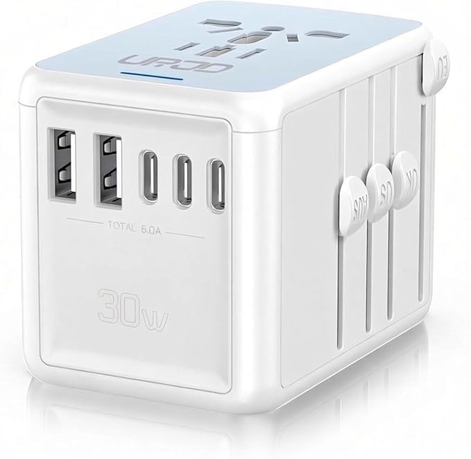 Universal Travel Adapter, 30W 5 USB C/A Ports, 2500W AC Outlet, International Power Adapter for All USB Devices, Multi Plugs 110V 220V A/C, European Travel Plug Adapter for 200+ Countries (White)