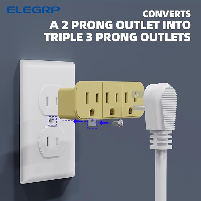 ELEGRP 2 to 3 Prong Grounded Triple Outlet Extender, 2-Prong to 3-Prong Adapter Converters for Wall Outlets, Portable Polarized Wall Plug Splitter with 3 AC Outlets, ETL Listed, 4 Pack