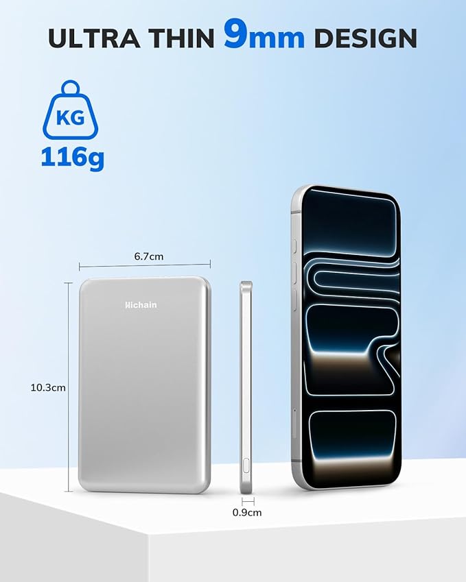 Hichain Magnetic Portable Charger, Wireless Power Bank 5000mAh Magnetic Charger for iPhone 17-12 Series, Magnetic Battery Pack Safe Wireless Charging, with 60W USB-C Charging - Silver