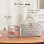 LOVEVOOK Travel Makeup Bag for Women, 2Pcs Puffer Waterproof Cosmetic Organizer, Large Capacity Pouch Open Flat Small Toiletry Bag with Brush Compartment & Handle (Light khaki, Large)