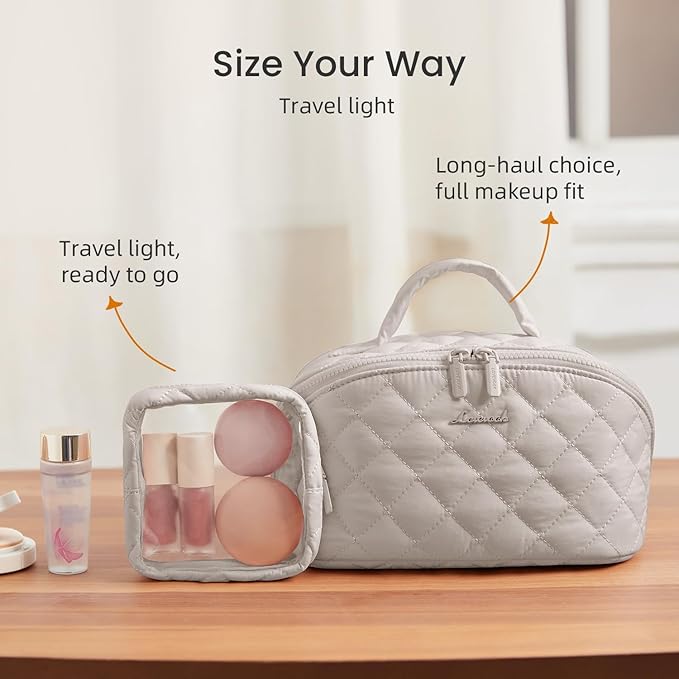 LOVEVOOK Travel Makeup Bag for Women, 2Pcs Puffer Waterproof Cosmetic Organizer, Large Capacity Pouch Open Flat Small Toiletry Bag with Brush Compartment & Handle (Light khaki, Medium)
