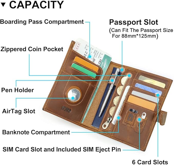 CONTACTS Full Grain Leather Passport Holder Compatible with Airtag RFID Blocking Passport Wallet Travel Slim Passport Cover with SIM Card Removal Tool (Camel Brown)