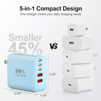 USB C Charger Block, 60W 5-Port Type C Charger Fast Charging Block, USBC USB Multiple Port Wall Charger Plug Adapter for iPhone 17/Air/16/15/14/13/12/11 Pro Max, Samsung Galaxy, iPad, Tablet (Blue)
